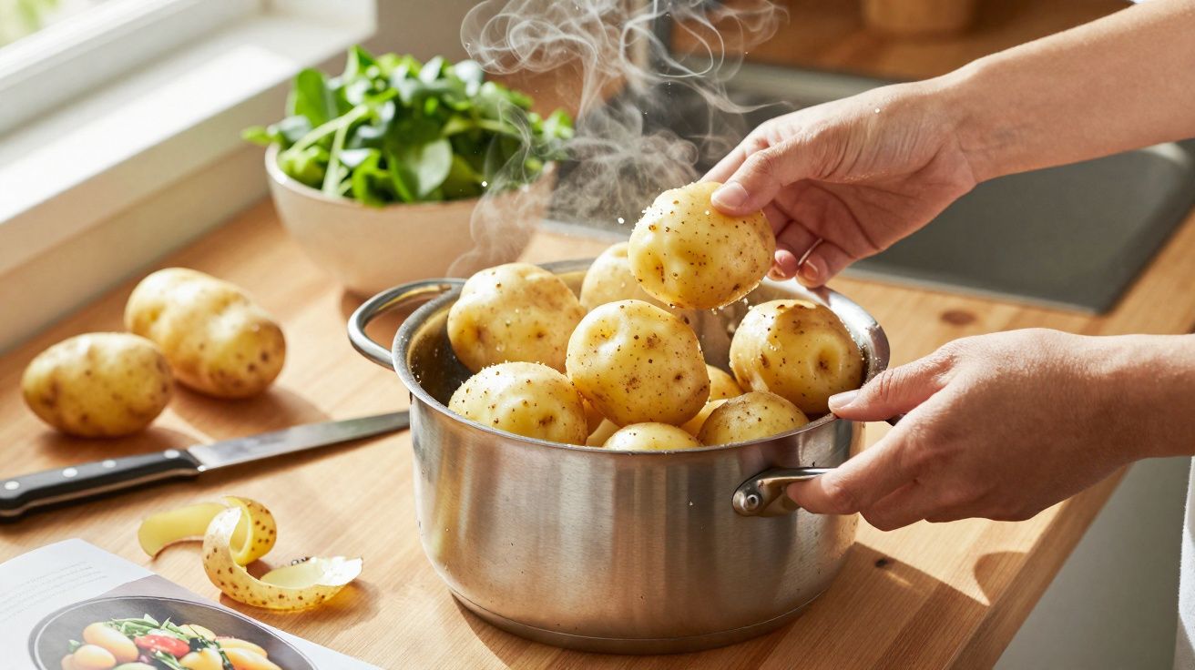 Mãos a tirar batatas recém cozidas a vapor de uma panela de inox numa cozinha luminosa.