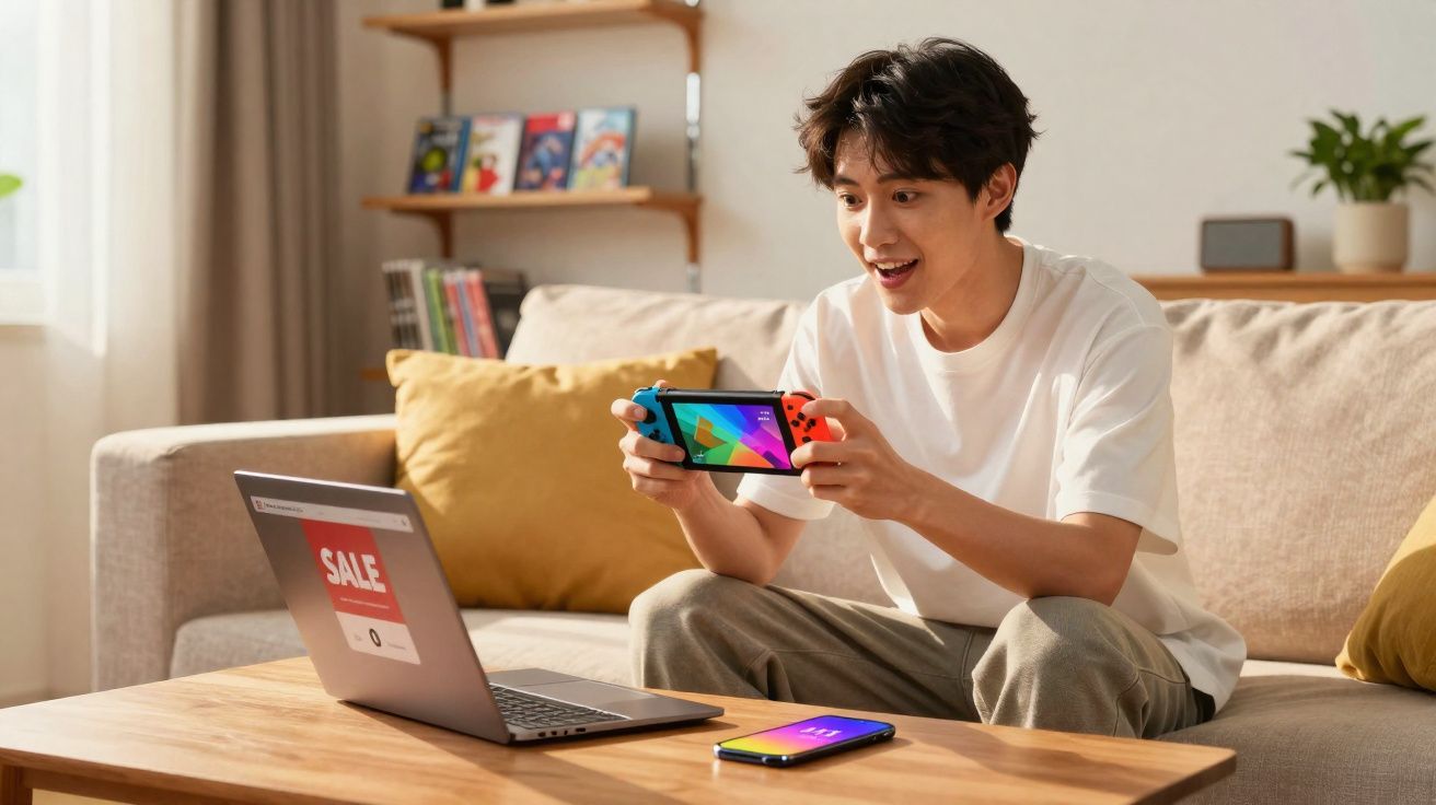 Jovem sentado no sofá a jogar numa consola portátil enquanto observa um portátil sobre a mesa.