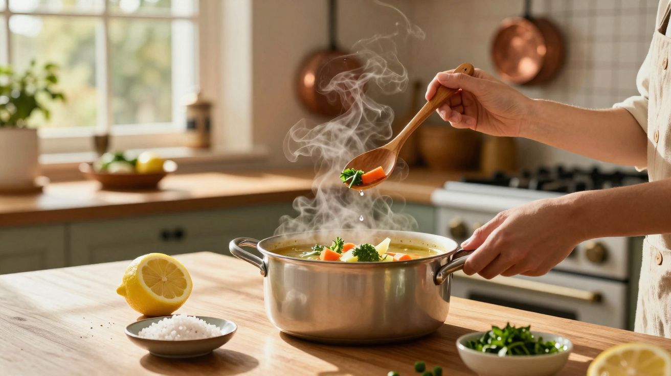 Mãos seguram colher a mexer sopa quente com legumes numa panela, sobre mesa de cozinha com limão e sal.