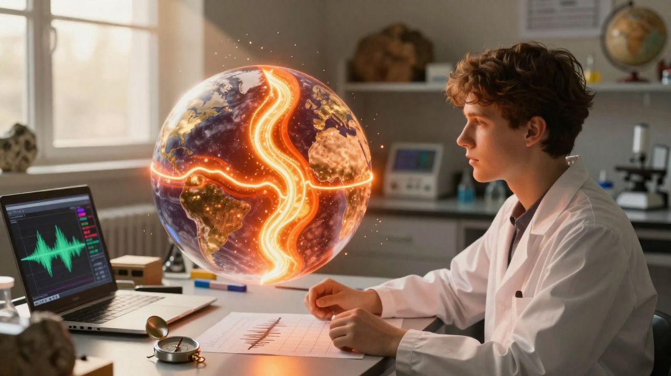 Jovem cientista analisa simulação digital de terremoto mundial numa sala de laboratório.