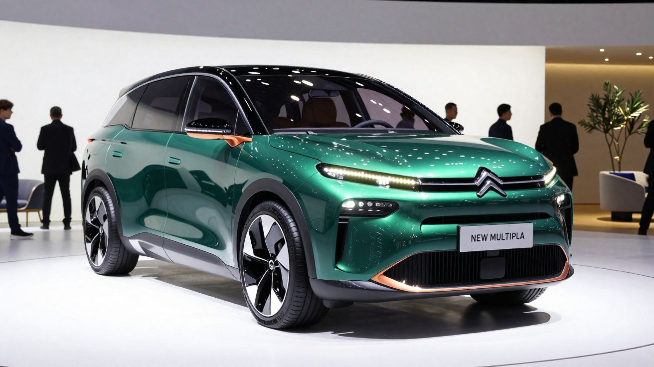 Automóvel Citroën New Multipla verde metálico exposto em salão automóvel com pessoas ao fundo.