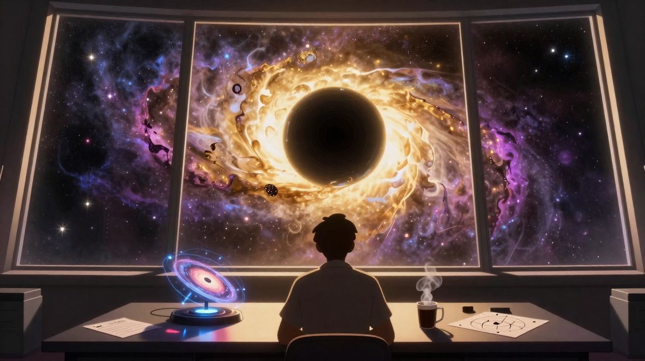 Pessoa sentada a observar um buraco negro brilhante através de uma janela com representação do espaço sideral.