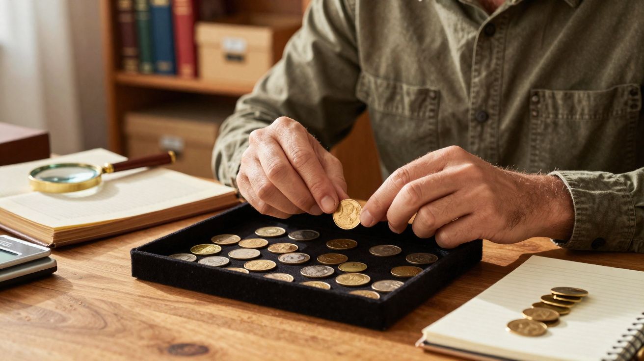 Pessoa a organizar moedas antigas numa bandeja, com lupa e caderno numa mesa de madeira.