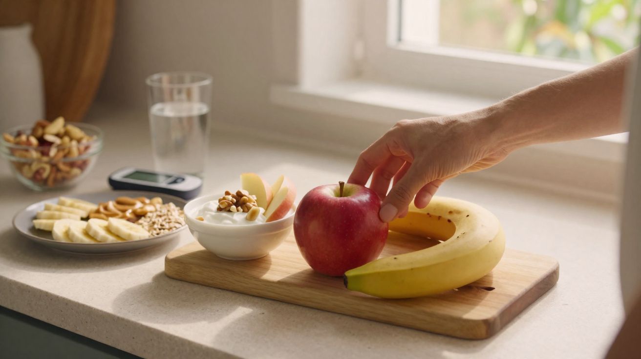 Mão a pegar uma maçã vermelha numa tábua com banana, iogurte e frutos secos numa cozinha iluminada.