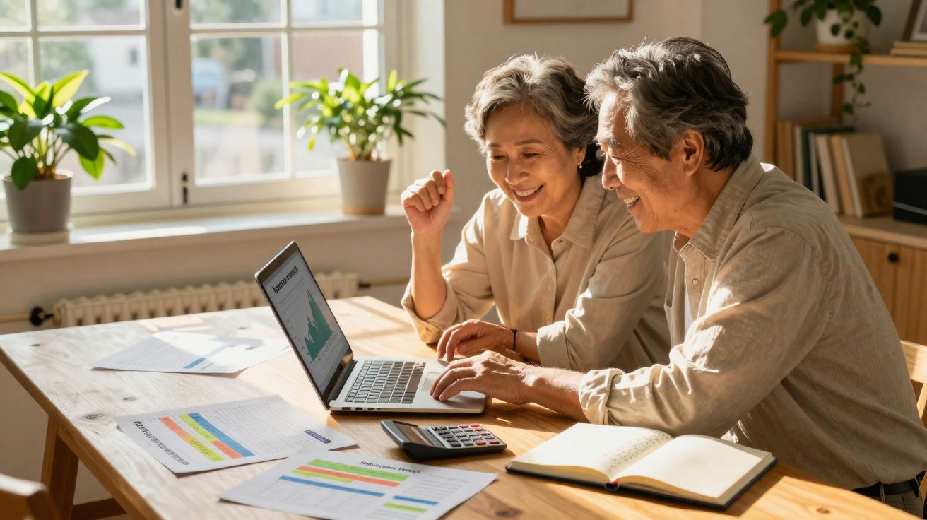 Casal sénior asiático a sorrir enquanto trabalha em laptop rodeado de documentos e calculadora numa mesa de madeira.