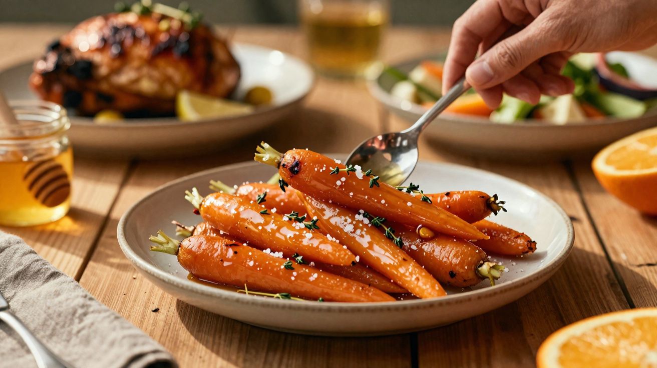 Prato de cenouras assadas temperadas com sal grosso e ervas, com mão segurando colher para provar.