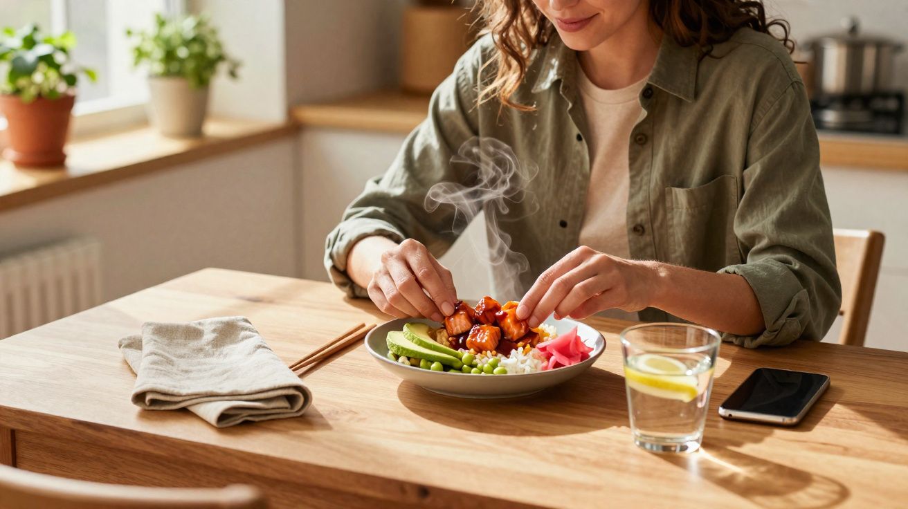 Pessoa a preparar prato saudável com legumes e peixe fumegante numa cozinha iluminada.