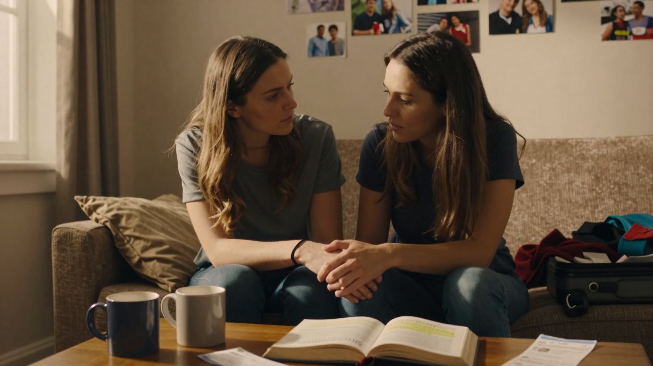 Duas mulheres sentadas no sofá, de mãos dadas, numa conversa séria com livros e bebidas numa mesa à frente.