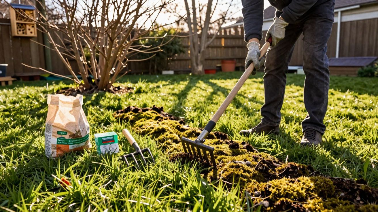 Pessoa a remover musgo do relvado no jardim com ancinho ao entardecer.