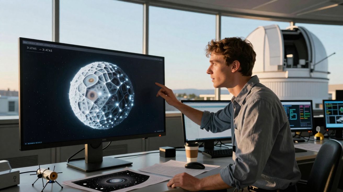 Homem a analisar imagem digital de estrutura esférica futurista em monitor num laboratório de astronomia.