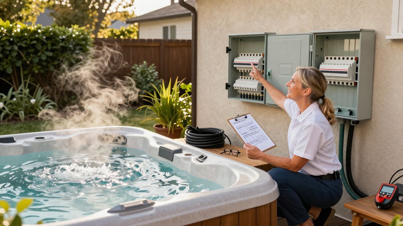 Mulher verifica caixa de disjuntores junto a jacuzzi exterior com água a borbulhar e vapor.