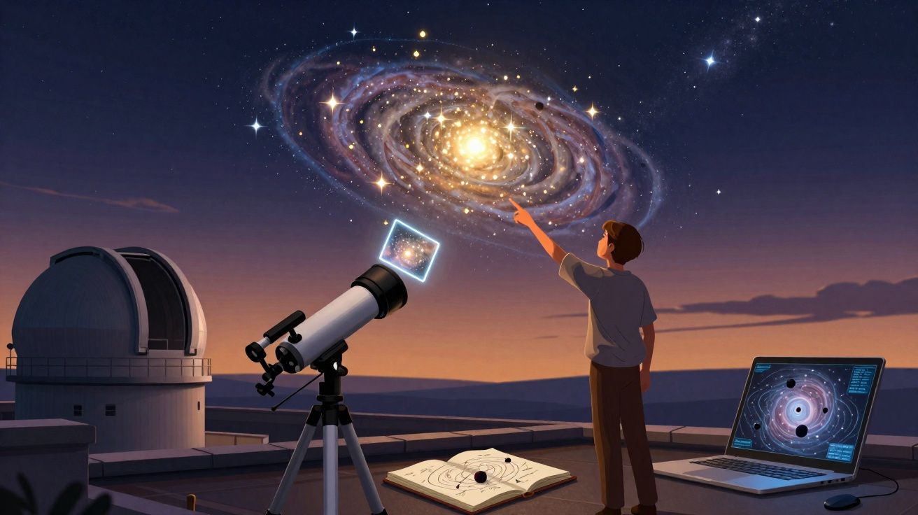 Pessoa a observar uma galáxia brilhante no céu com telescópio e computador numa plataforma de observação.