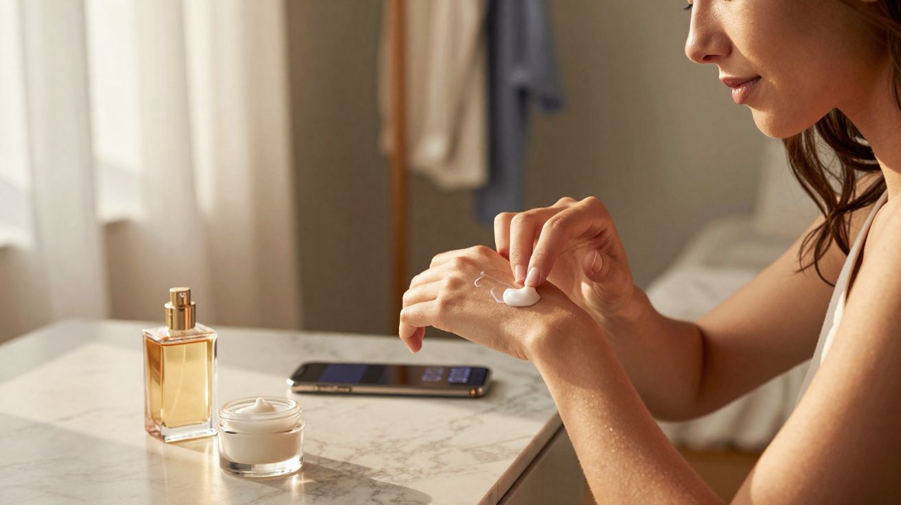 Mulher a aplicar creme nas mãos junto a uma mesa com frasco de perfume e telemóvel.