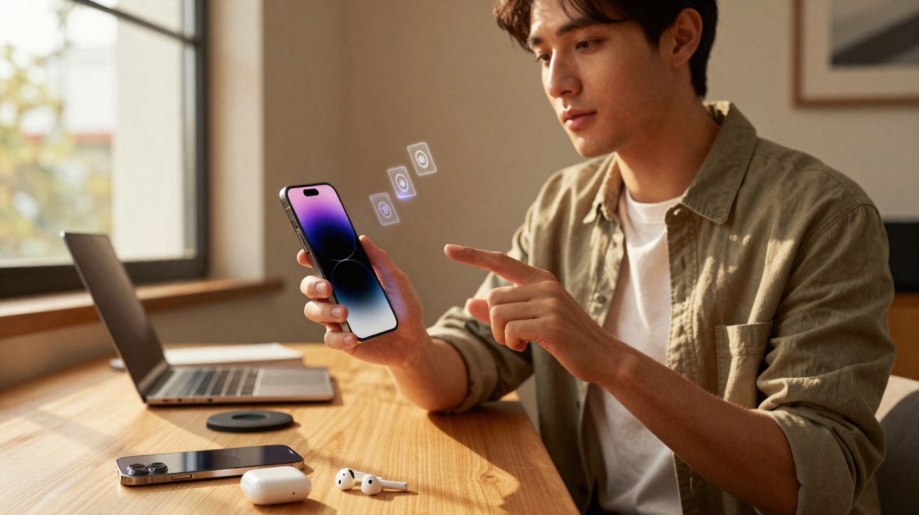 Homem a utilizar smartphone com ícones digitais em destaque numa mesa com computador portátil e auriculares.