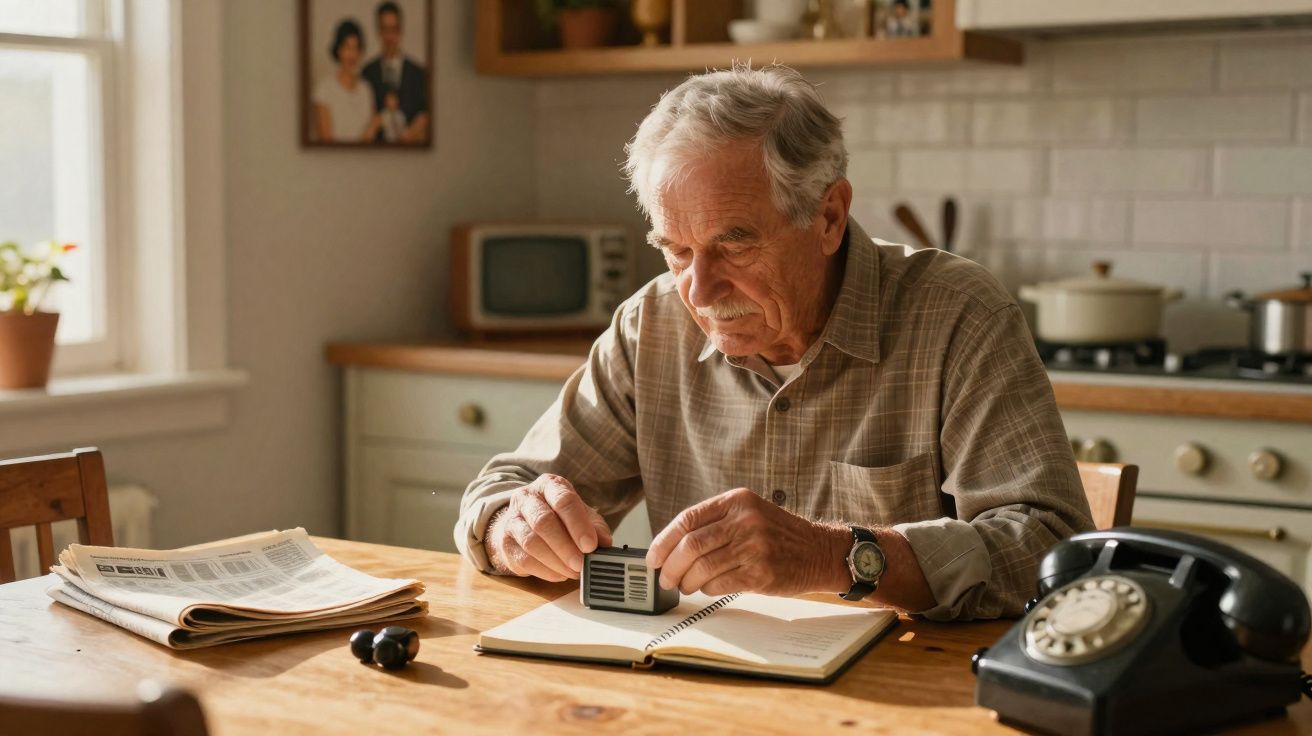 Idoso sentado à mesa da cozinha, lendo e segurando uma peça eletrónica pequena.