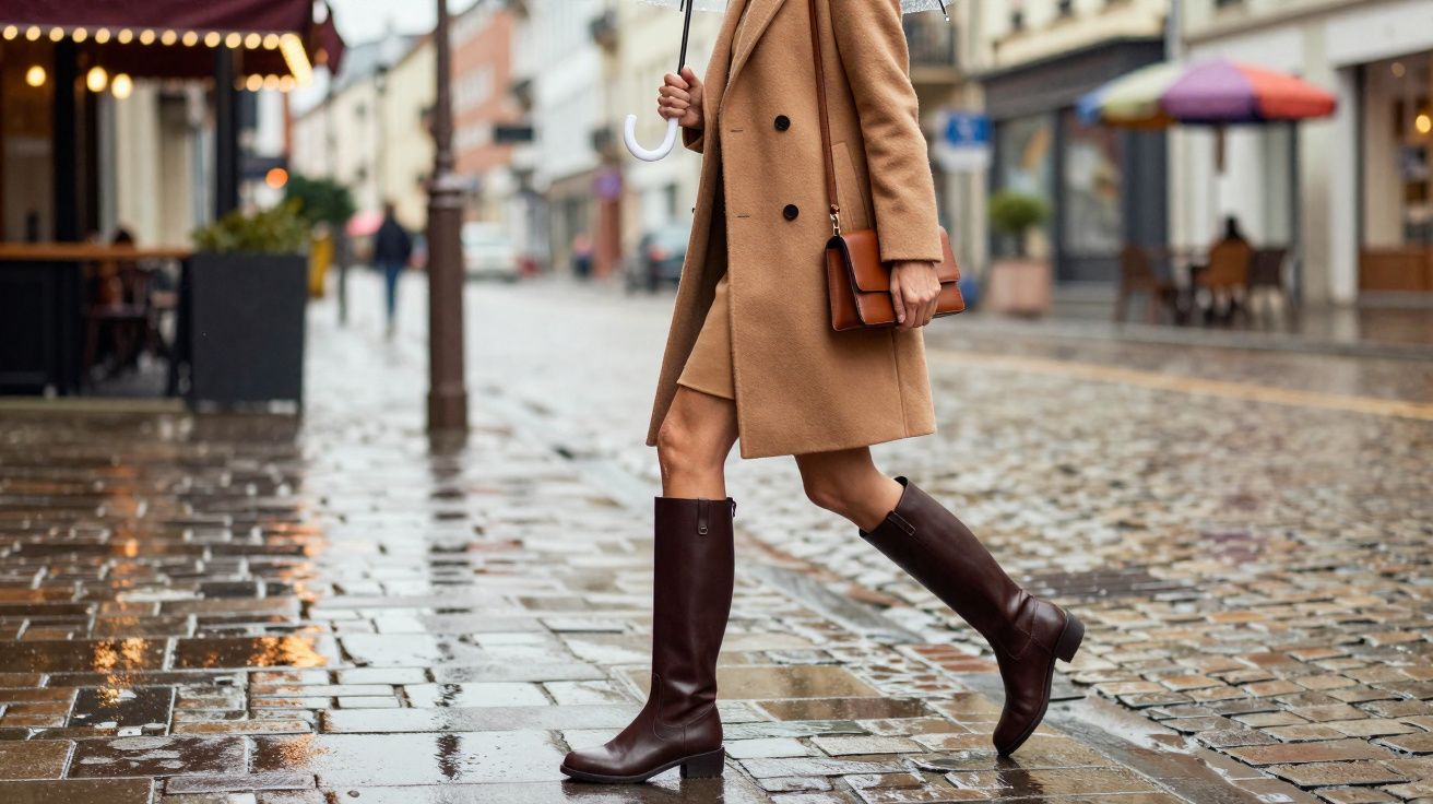Pessoa a andar numa rua molhada de paralelepípedos, vestindo casaco castanho, botas altas e a segurar um guarda-chuva.