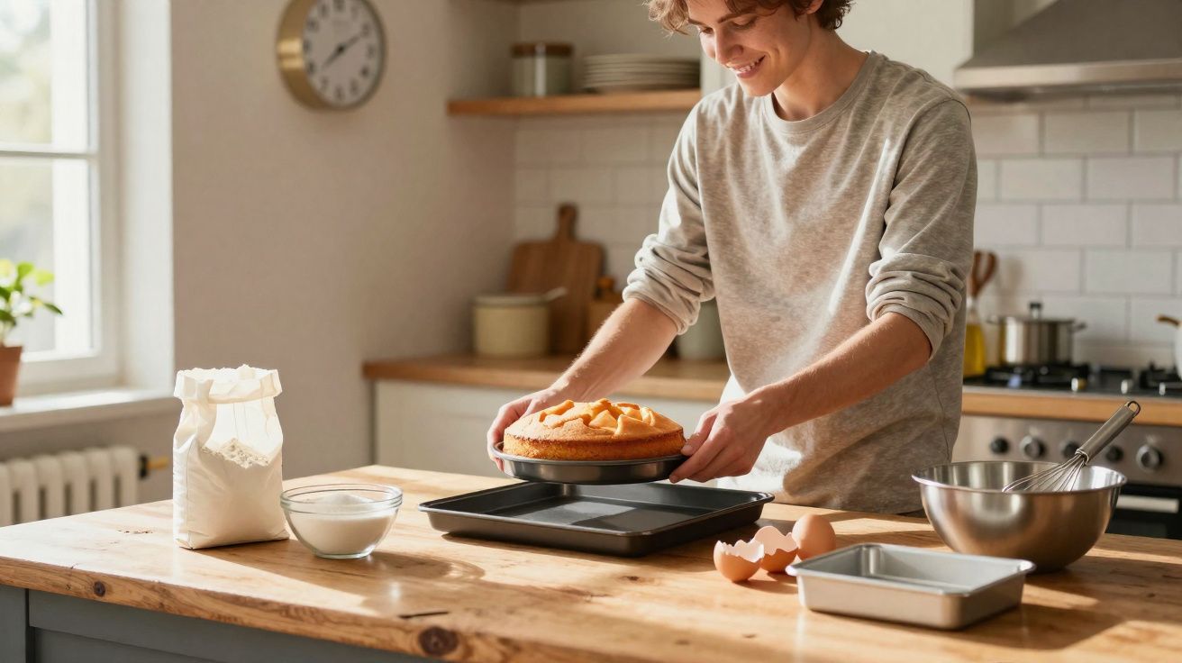 Pessoa sorridente a retirar bolo quente do forno numa cozinha moderna com ingredientes numa mesa de madeira.