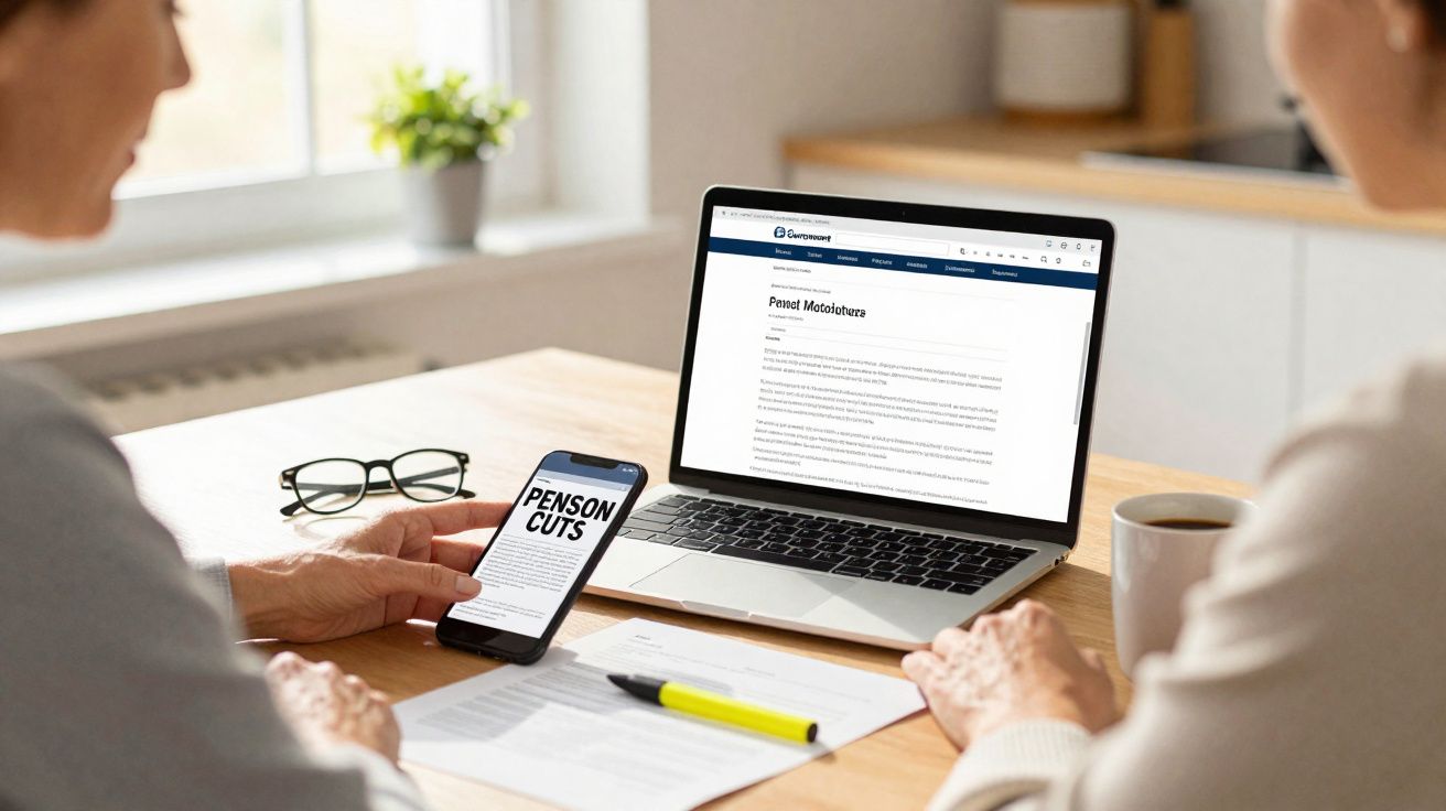 Duas pessoas sentadas à mesa com documentos, telemóvel e computador portátil abertos com artigos sobre cortes nas pensões.