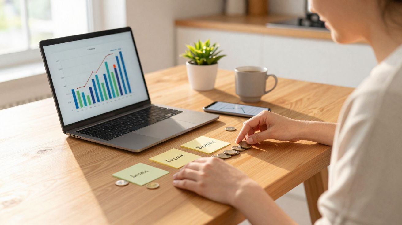 Pessoa a organizar moedas em categorias de despesas numa mesa com computador portátil e gráfico financeiro.