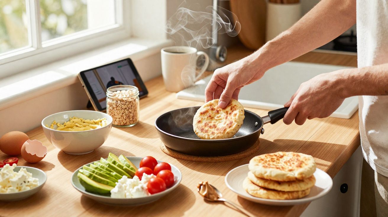 Pessoa a cozinhar pão tradicional numa frigideira, com ingredientes e tabuleiro na bancada de cozinha iluminada.