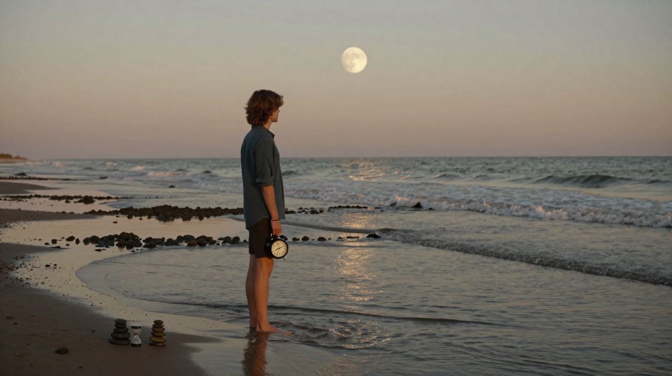 Pessoa em pé na praia ao entardecer segurando um relógio, com a lua cheia visível no céu.
