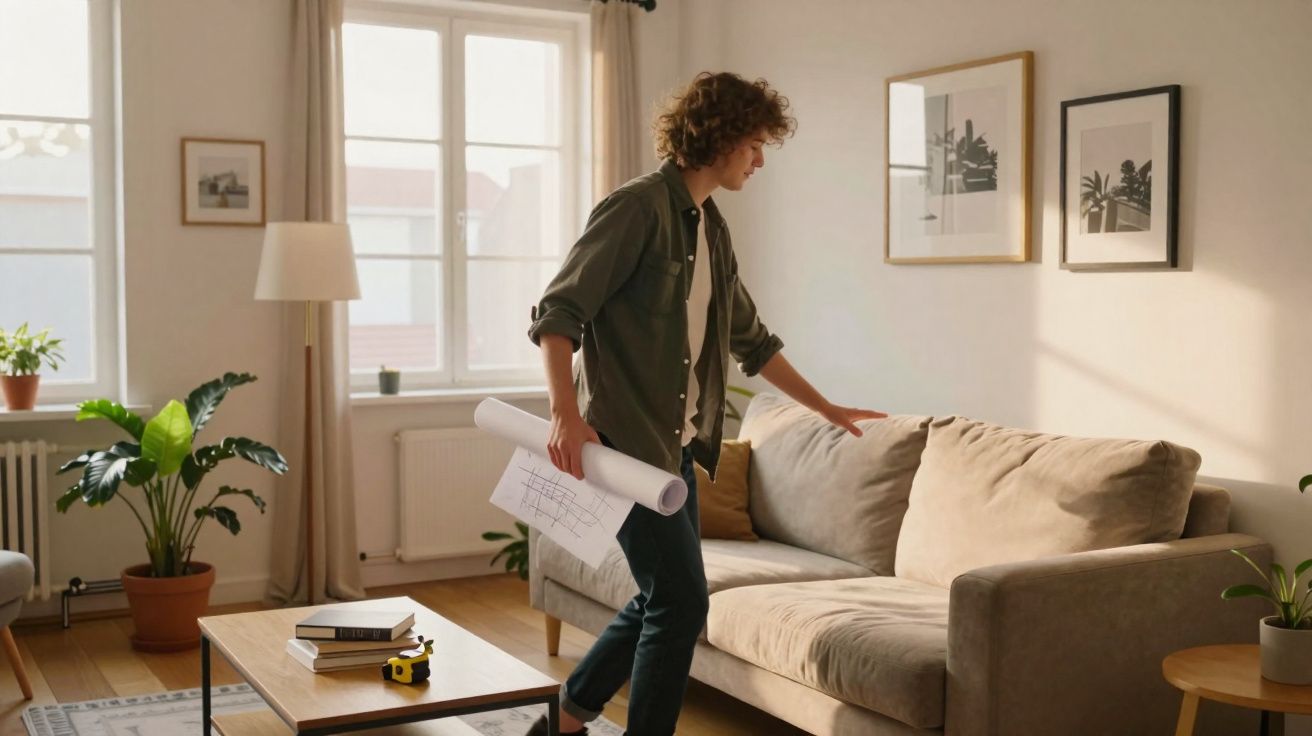 Pessoa a deslocar-se para se sentar num sofá numa sala de estar com planta e janelas grandes.