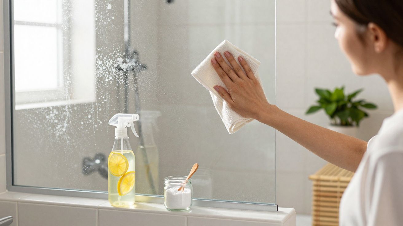 Pessoa a limpar um vidro de parede de duche com um pano branco e spray de limpeza com limão.