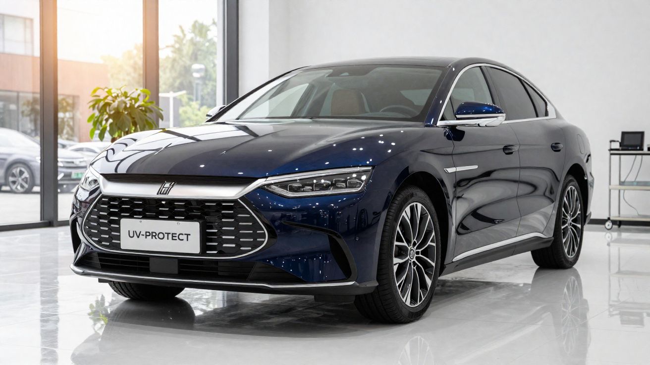 Carro sedan azul escuro elegante estacionado em showroom com piso branco e grandes janelas.