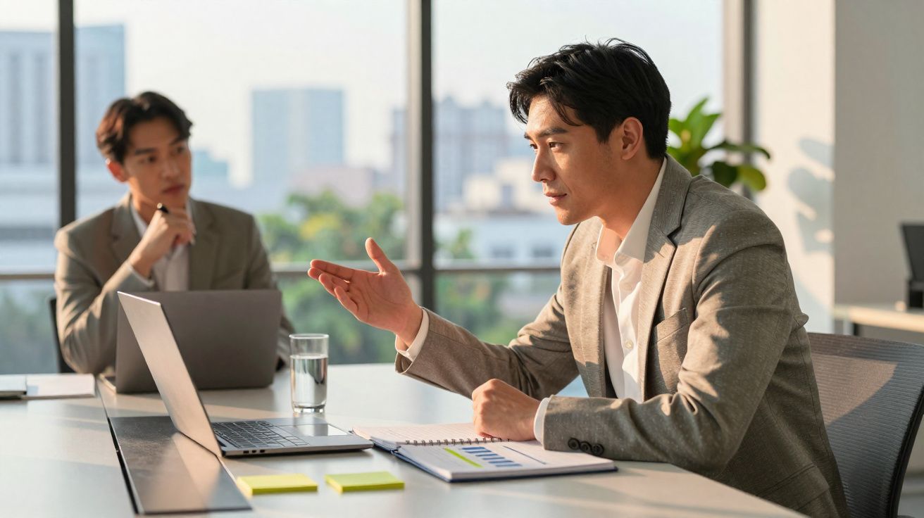 Dois homens de negócios em fato reunidos num escritório moderno com laptop e gráficos.