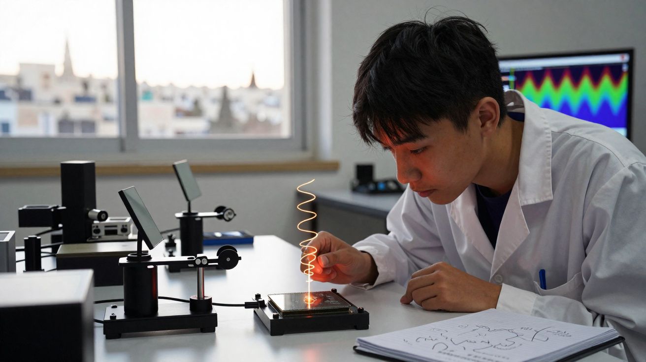 Cientista com bata branca observa experimento com laser helicoidal num laboratório com equipamentos óticos.