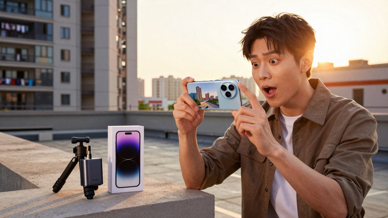 Homem surpreendido filme com smartphone junto a caixa e tripé no terraço ao pôr do sol.