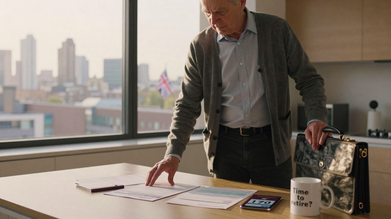 Homem idoso em escritório a analisar documentos com caneca "Time to retire?" e pasta preta na mesa.