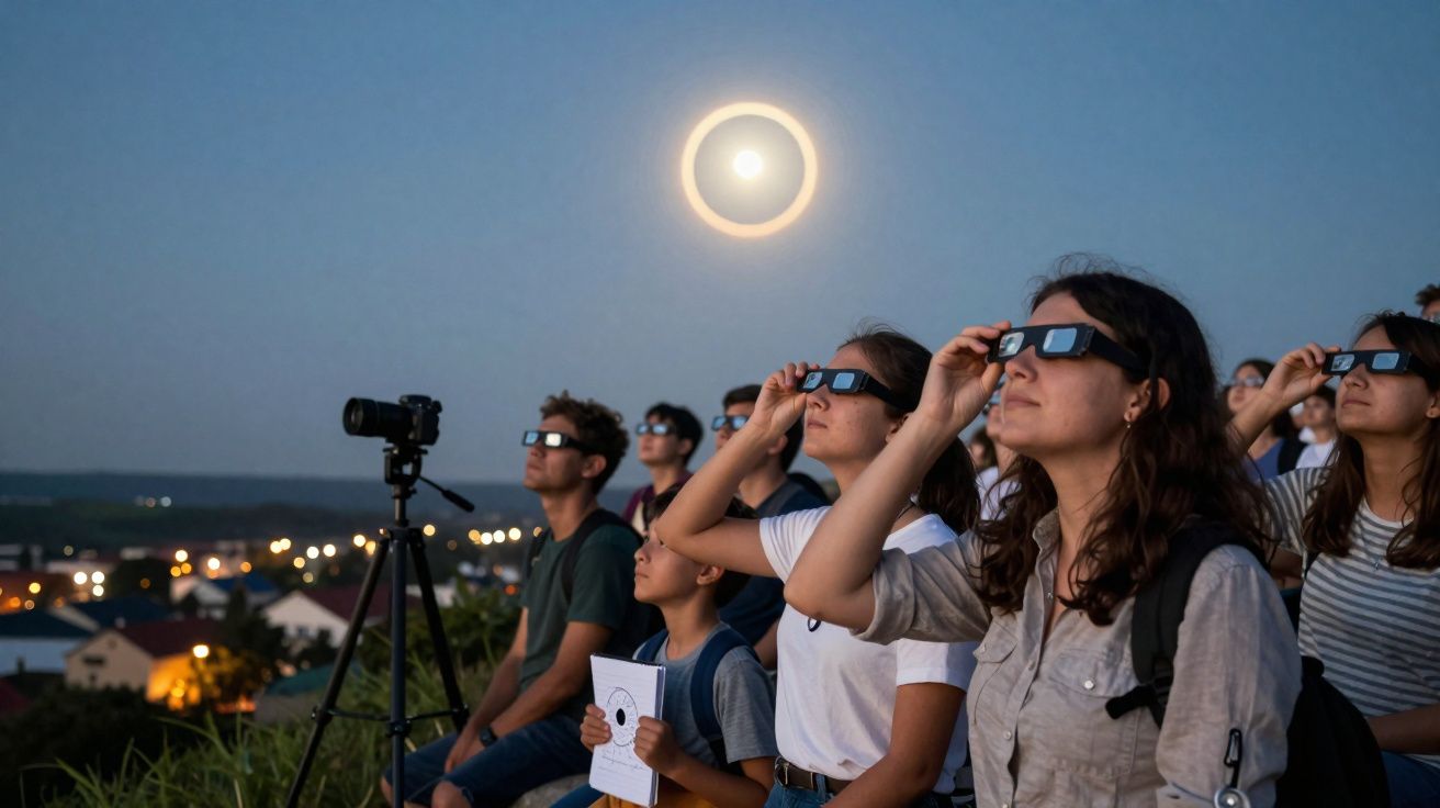 Grupo de pessoas a observar eclipse solar com óculos especiais ao entardecer, com tripé e cidade ao fundo.