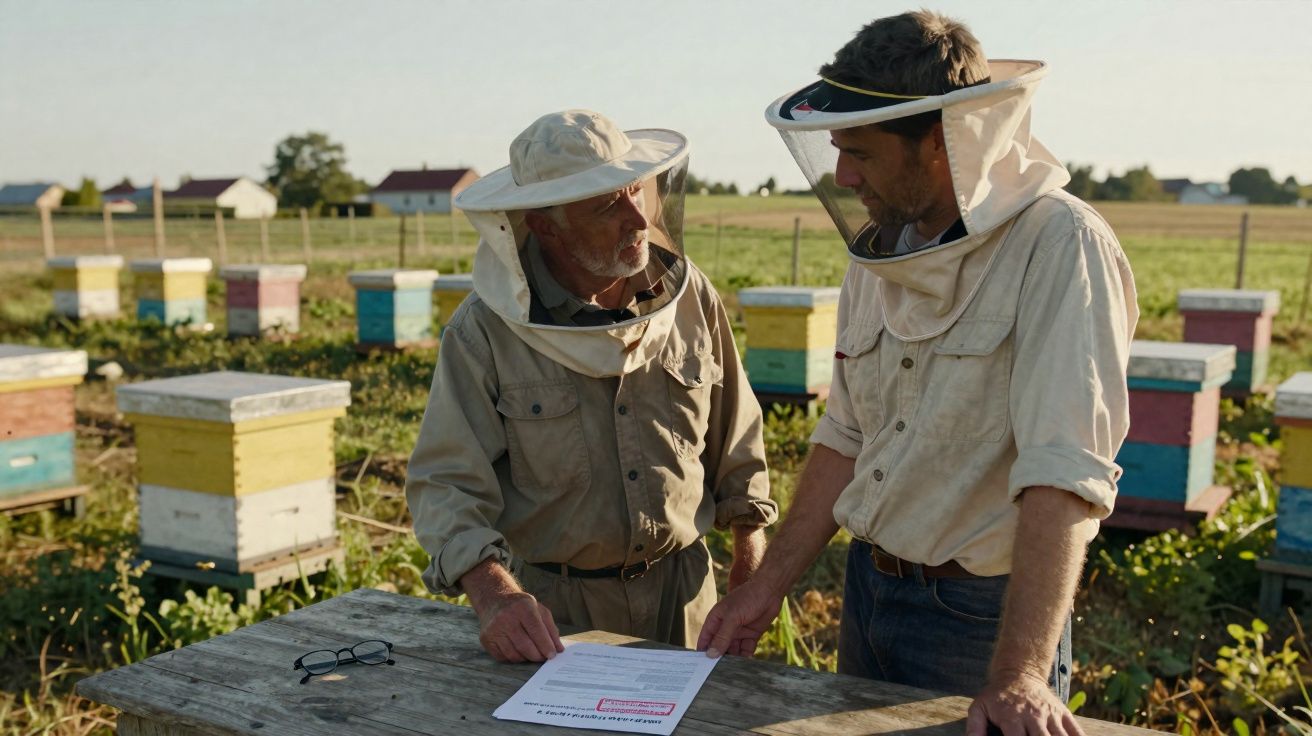 Dois apicultores com roupa protetora analisam documento em campo com caixas de mel atrás.