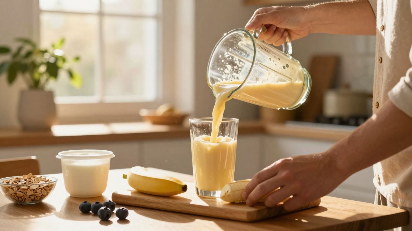 Pessoa a preparar batido de banana na cozinha com frutas e iogurte sobre a mesa.