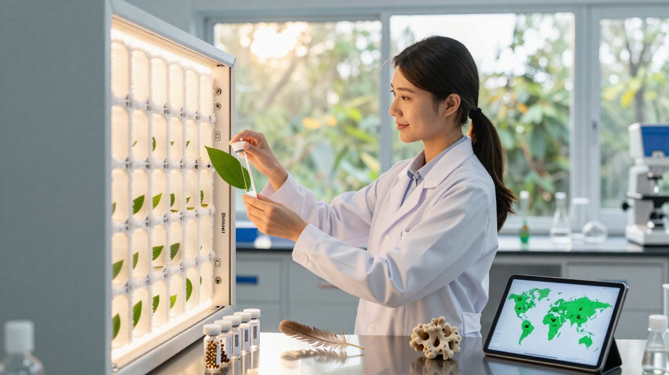 Cientista a analisar folhas em tubo de ensaio num laboratório com tablet a mostrar mapa-múndi.