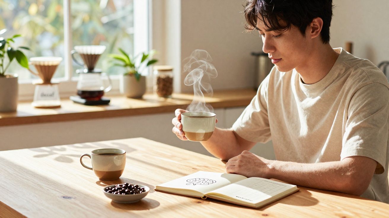 Homem sentado à mesa a beber café quente enquanto lê um livro num ambiente iluminado e acolhedor.