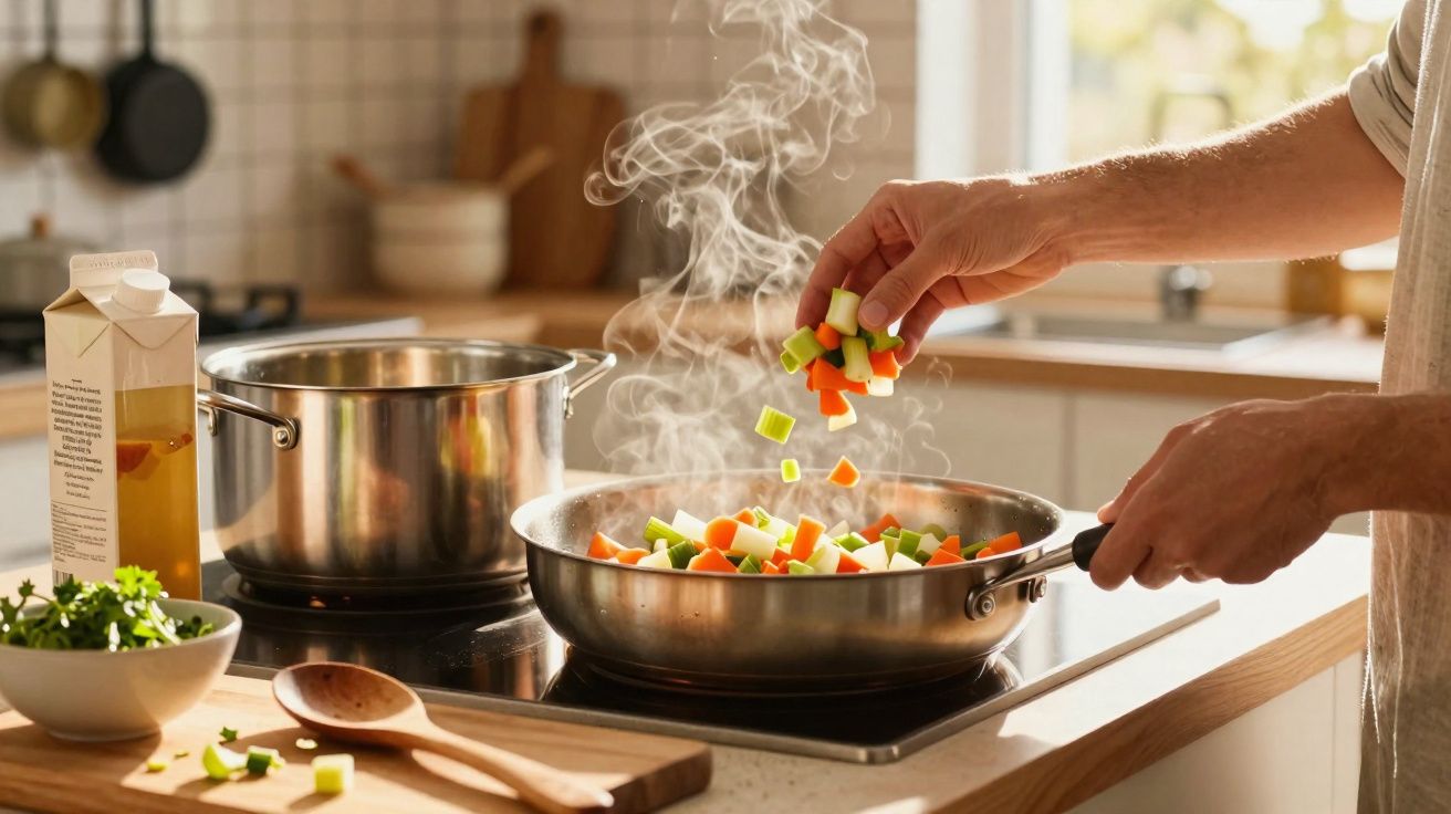 Pessoa a cozinhar legumes picados numa frigideira fumegante numa cozinha moderna e iluminada.