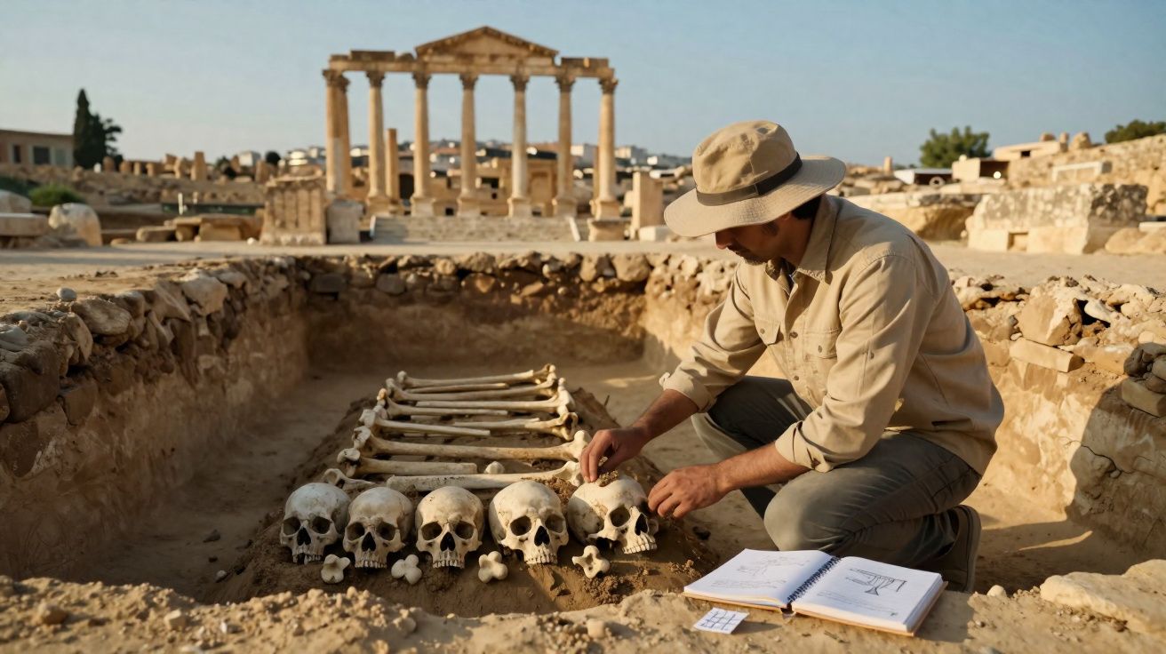 Arqueólogo examina crânios em escavação arqueológica perto de ruínas de templo antigo ao fundo.