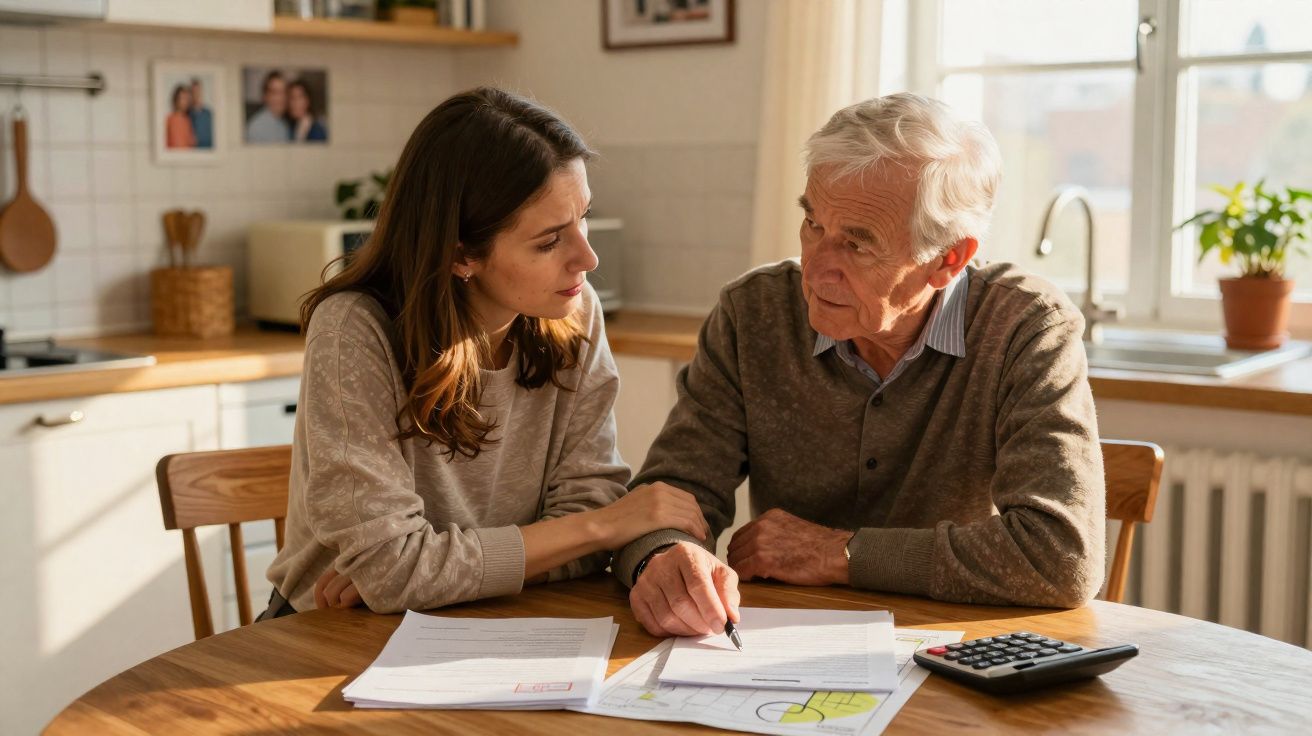 Mulher e idoso discutem documentos financeiros à mesa de cozinha iluminada pela luz natural.