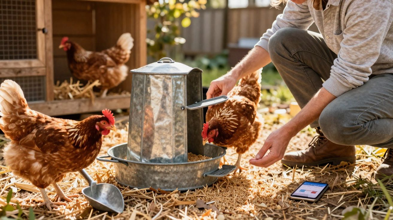 Pessoa a alimentar galinhas num galinheiro com comedouro metálico e chão coberto de palha.