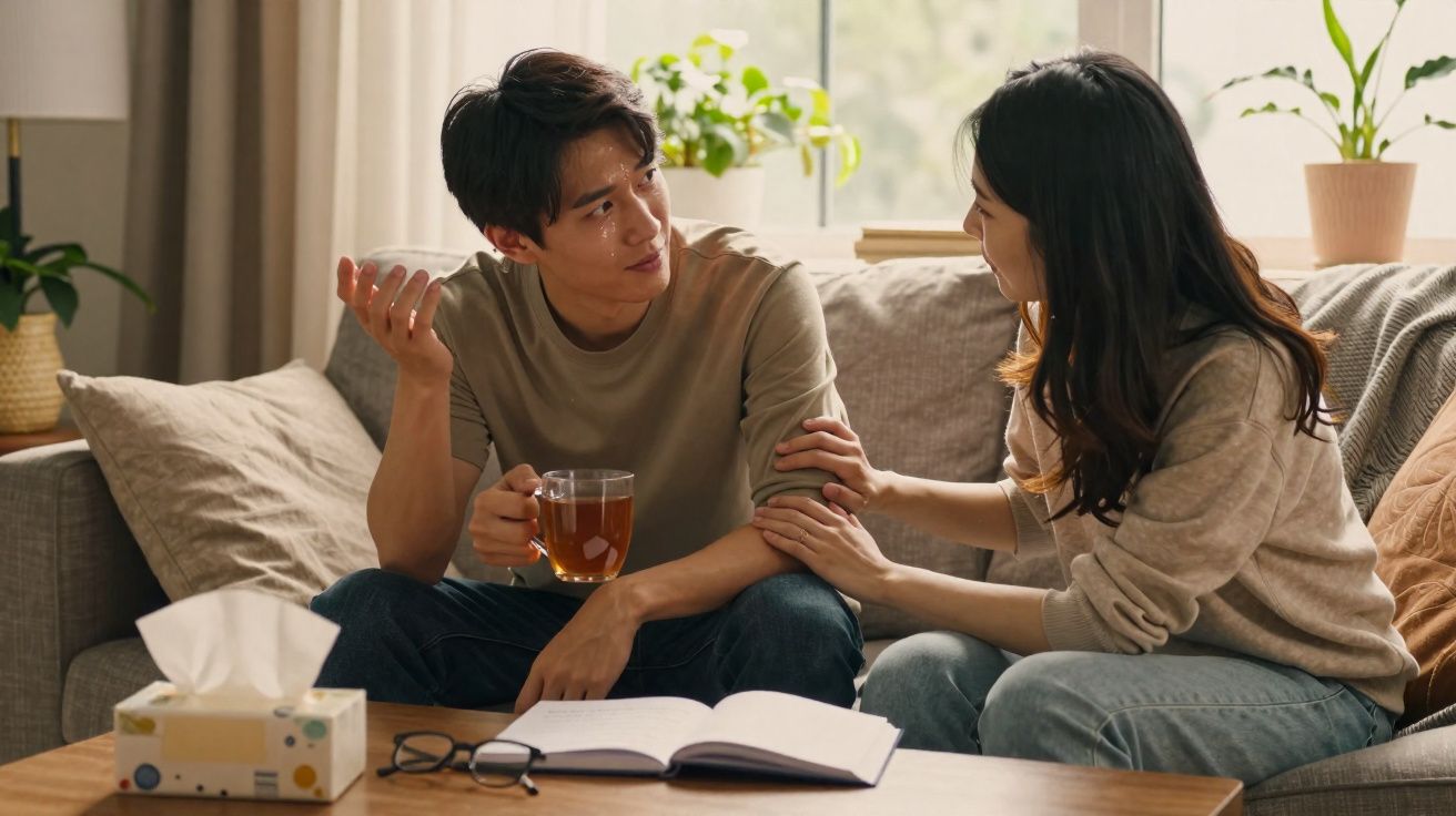 Casal sentado no sofá, homem a beber chá e mulher a confortá-lo, com livros e óculos na mesa.