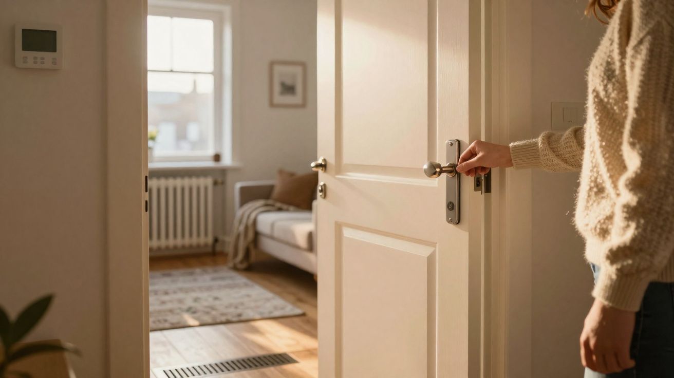 Pessoa a abrir porta branca em divisão iluminada com sofá, tapete e janela ao fundo.