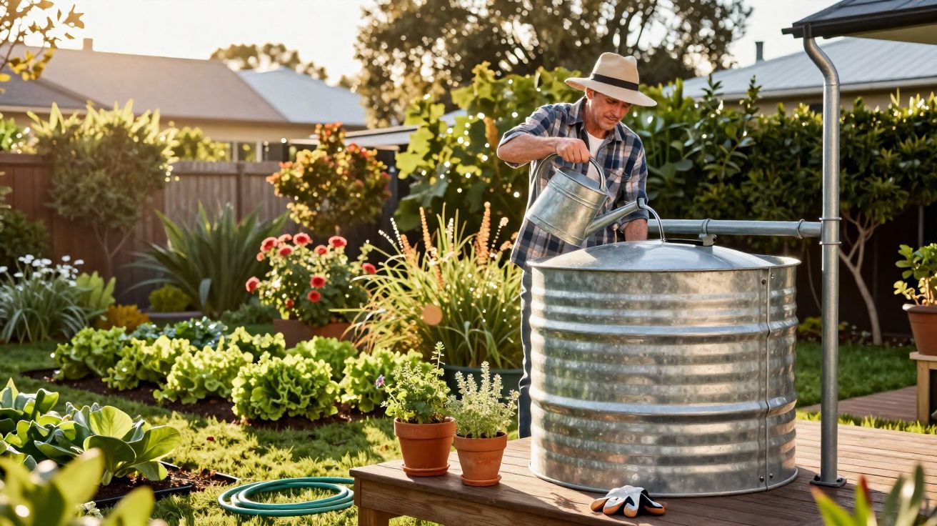 Homem a regar plantas com regador num jardim ensolarado, rodeado por vegetação e flores diversas.