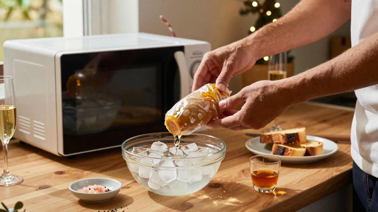 Mãos a esvaziar um saco de gelo num recipiente de vidro com cubos de gelo numa bancada de madeira.