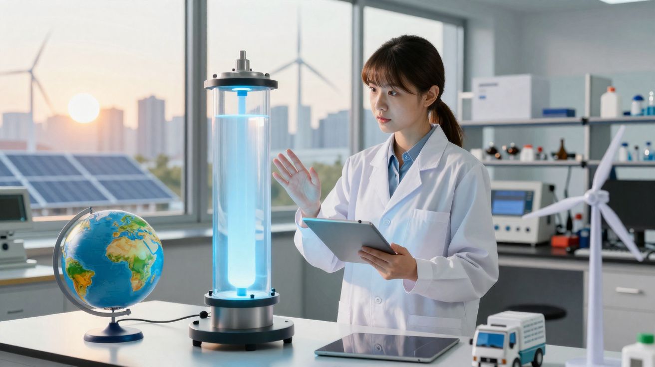 Cientista em laboratório com dispositivo luminoso, globo terrestre e fontes de energia renovável ao fundo.