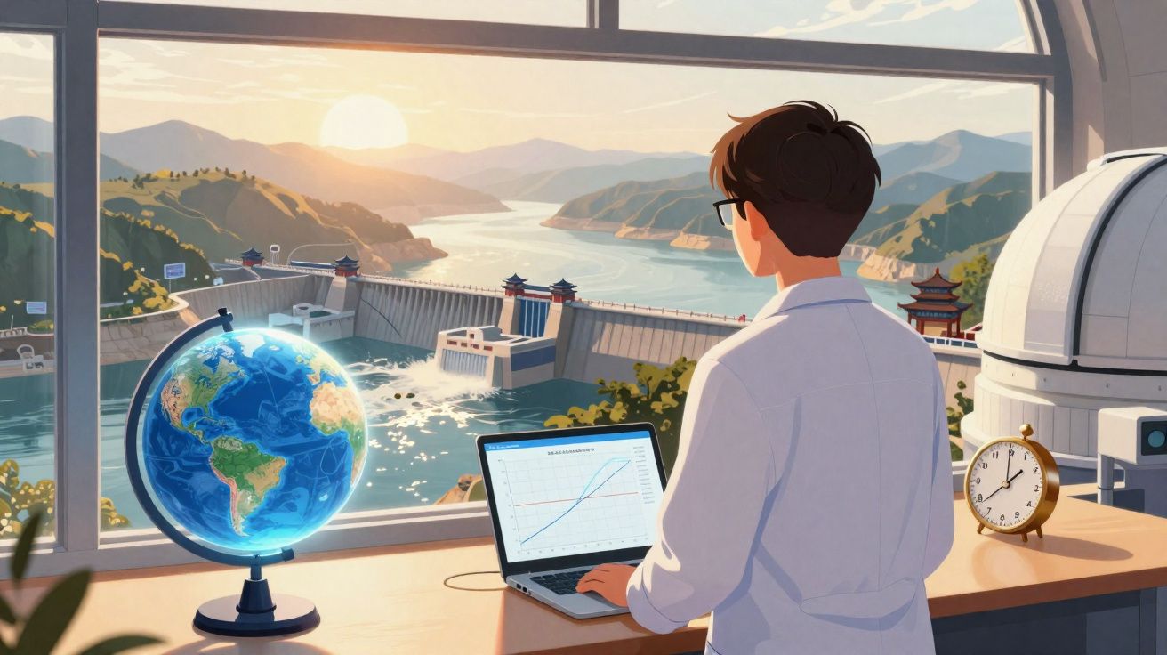 Pessoa a olhar para barragem ao pôr do sol, com globo terrestre, computador portátil e relógio na mesa.