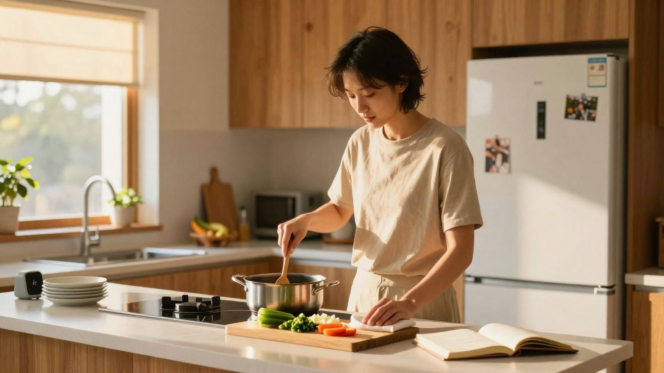 Pessoa a cozinhar numa cozinha moderna e luminosa, com legumes e livro aberto na bancada.