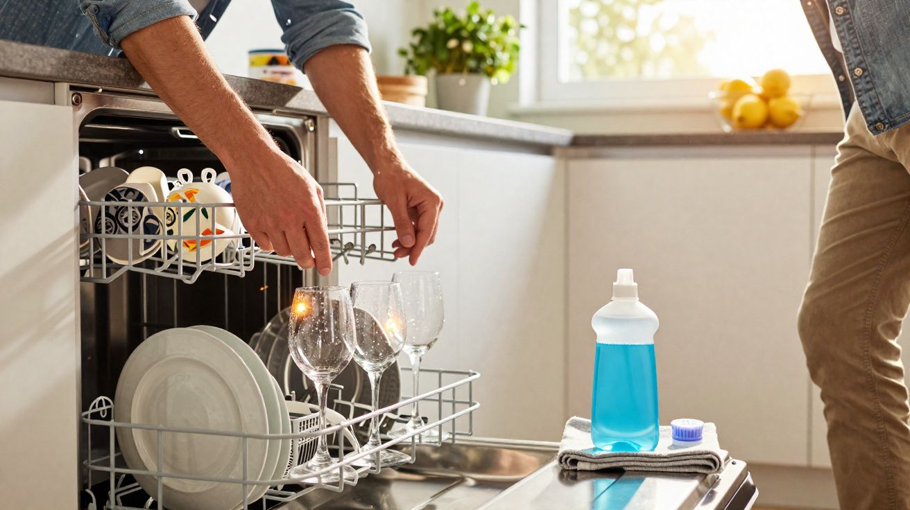 Pessoa a carregar taças de vidro num lava-louças numa cozinha iluminada e moderna.