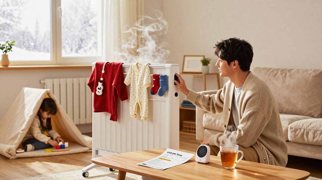 Homem liga aquecedor para secar roupas de bebé enquanto criança brinca numa tenda interior.